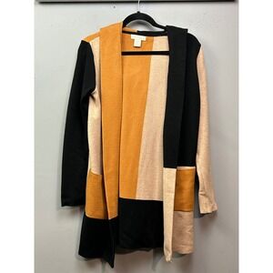 Cynthia Rowley Color Block Hooded Cardigan Sweater Womens XS Ochre Black Beige
